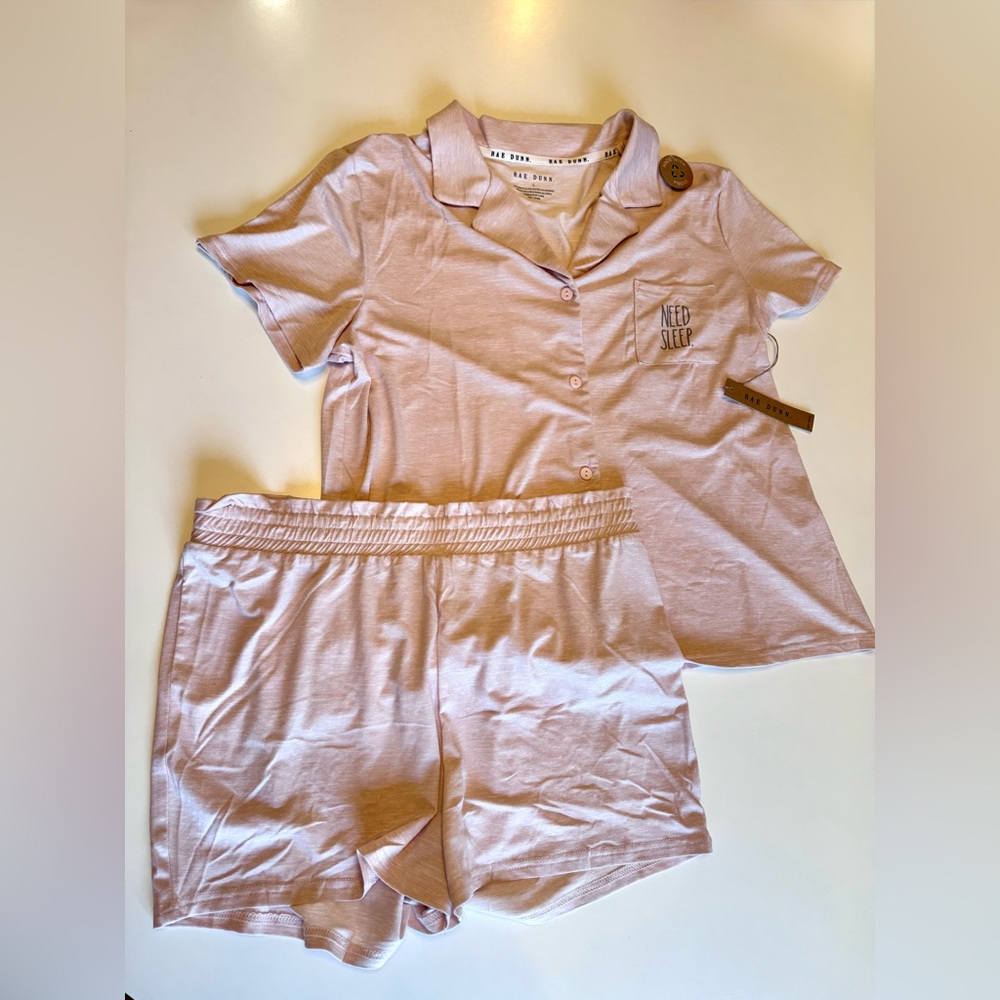 Rae Dunn Collar Top Short Sleeve Shorts Pajama Set, Earthen Pink Heather, size L